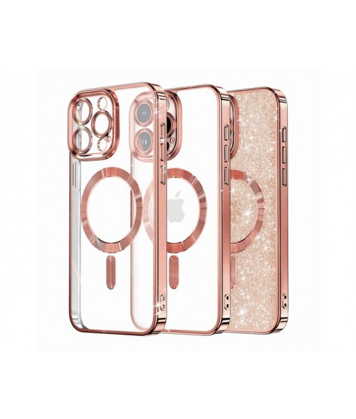 Husa iPhone 15 Pro Max, Crystal Glitter MagSafe cu Protectie La Camere, Rose Gold